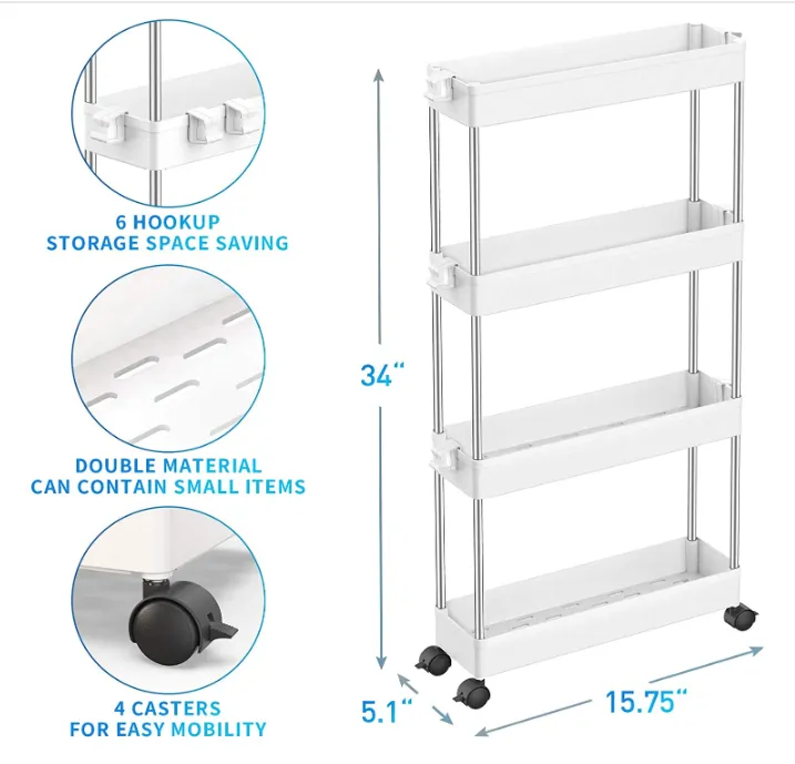 4 Layer Slim Storage Moving Rack Shelf Kitchen Home Bedroom Bathroom Organizer Trolley