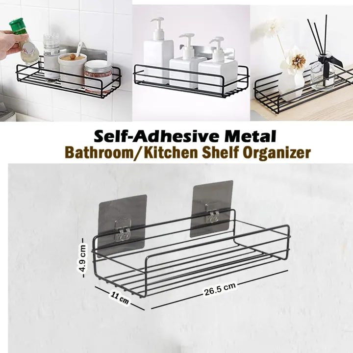 Rectangular Adhesive Metal Bathroom Rack, Bathroom Storage, Stainless Steel Bathroom Corner Shelf Organizer