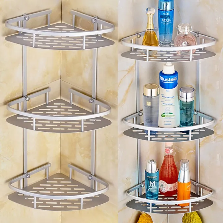 3 Layer Aluminum Bathroom Corner Shelves Large Capacity Shower Shelf Rack Organizer with Hooks