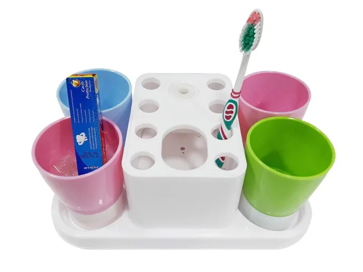 Family Toothbrush Holder Set By House Of Quirk Toothpaste Dispenser With 4 Tooth Mugs, Stand Toothbrush Holder Automatic Toothpaste Squeezer