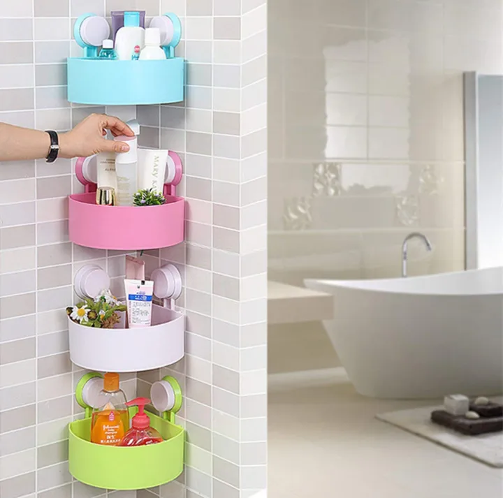 SAJAG Plastic Strong Adhesive Bathroom and Kitchen Self Adhesive Wall Mounted Soap Stand and Bathroom Shelves Self Stick for Shampoo Conditioner (Bathroom Shelves) (Tringle Shelves)